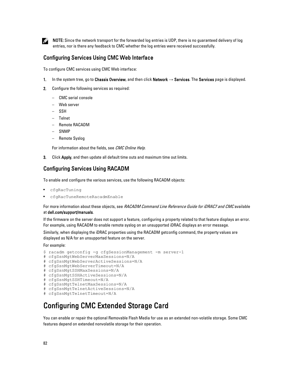 Configuring services using cmc web interface, Configuring services using racadm, Configuring cmc extended storage card | Configuring cmc, Extended storage card | Dell POWEREDGE M1000E User Manual | Page 82 / 260