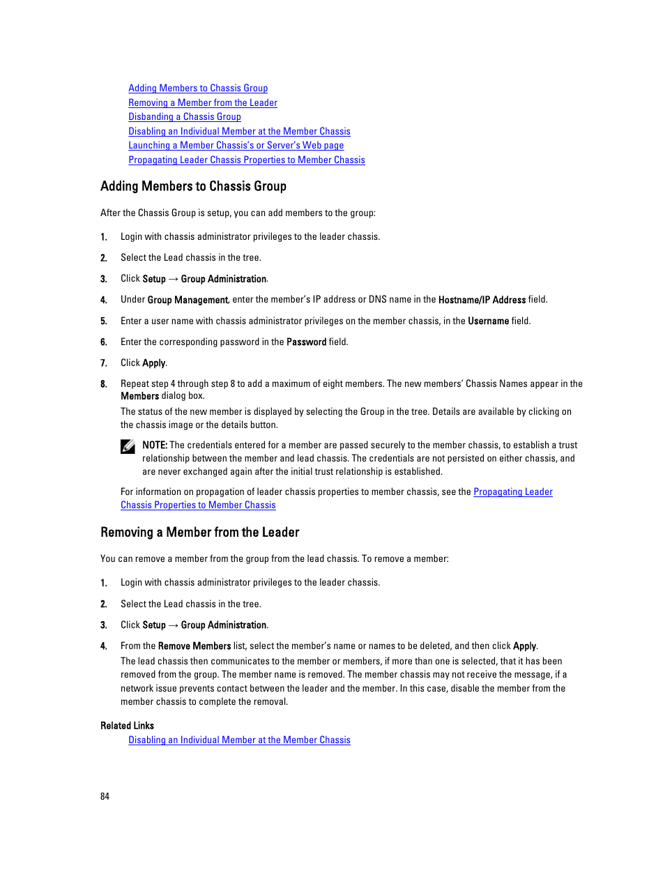 Adding members to chassis group, Removing a member from the leader | Dell POWEREDGE M1000E User Manual | Page 84 / 260