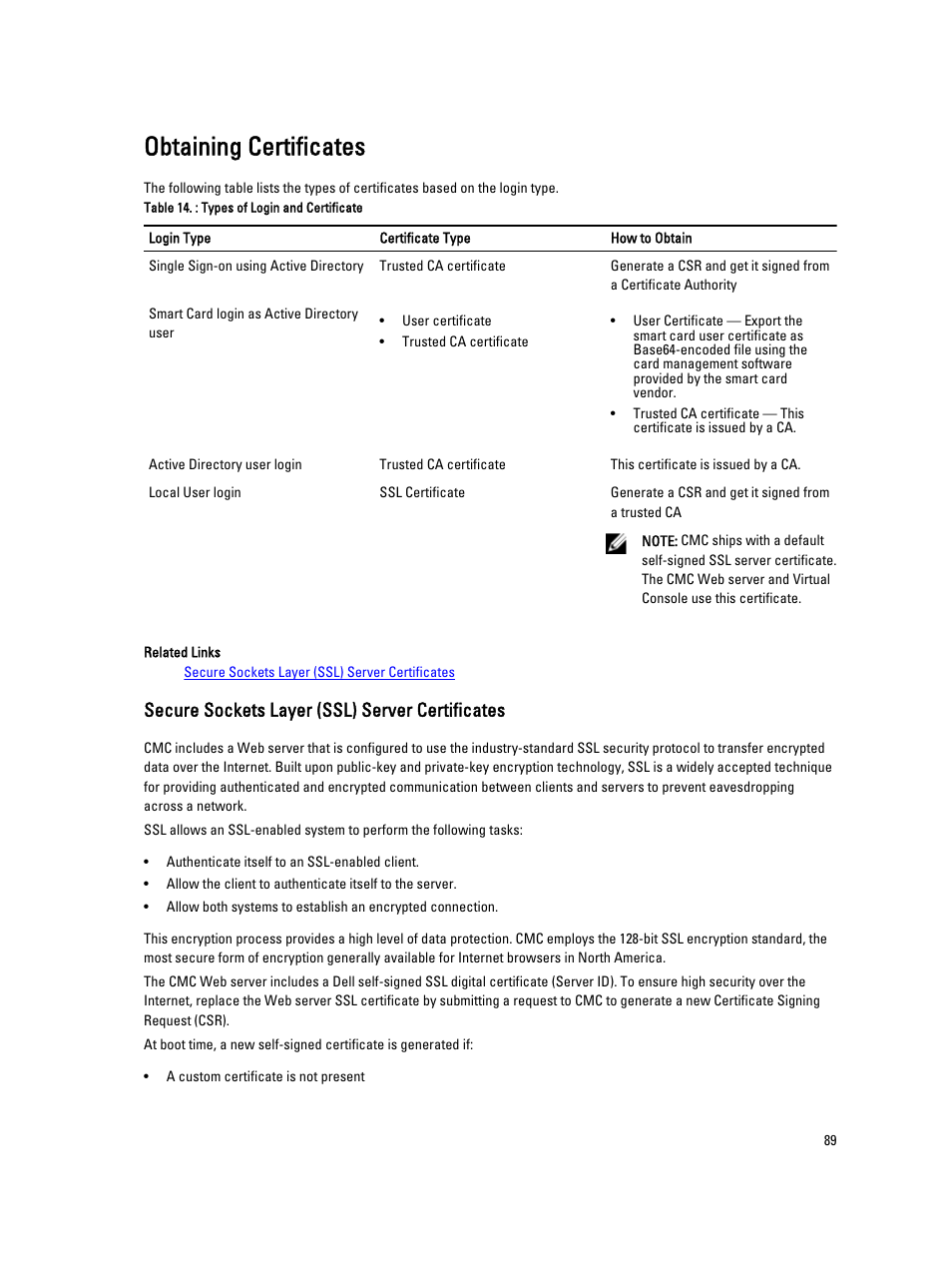 Obtaining certificates, Secure sockets layer (ssl) server certificates | Dell POWEREDGE M1000E User Manual | Page 89 / 260