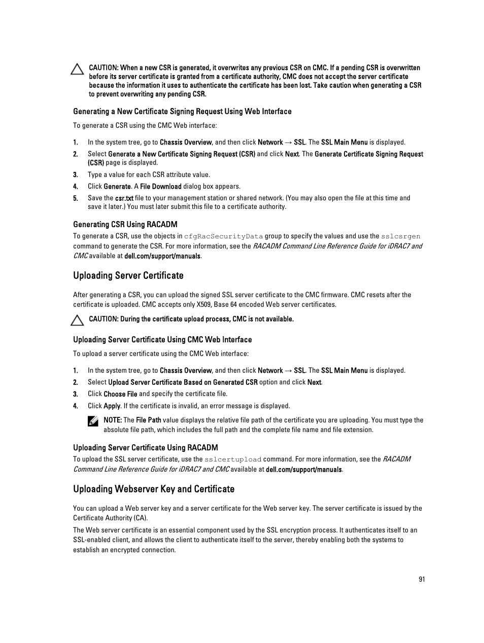 Uploading server certificate, Uploading webserver key and certificate | Dell POWEREDGE M1000E User Manual | Page 91 / 260