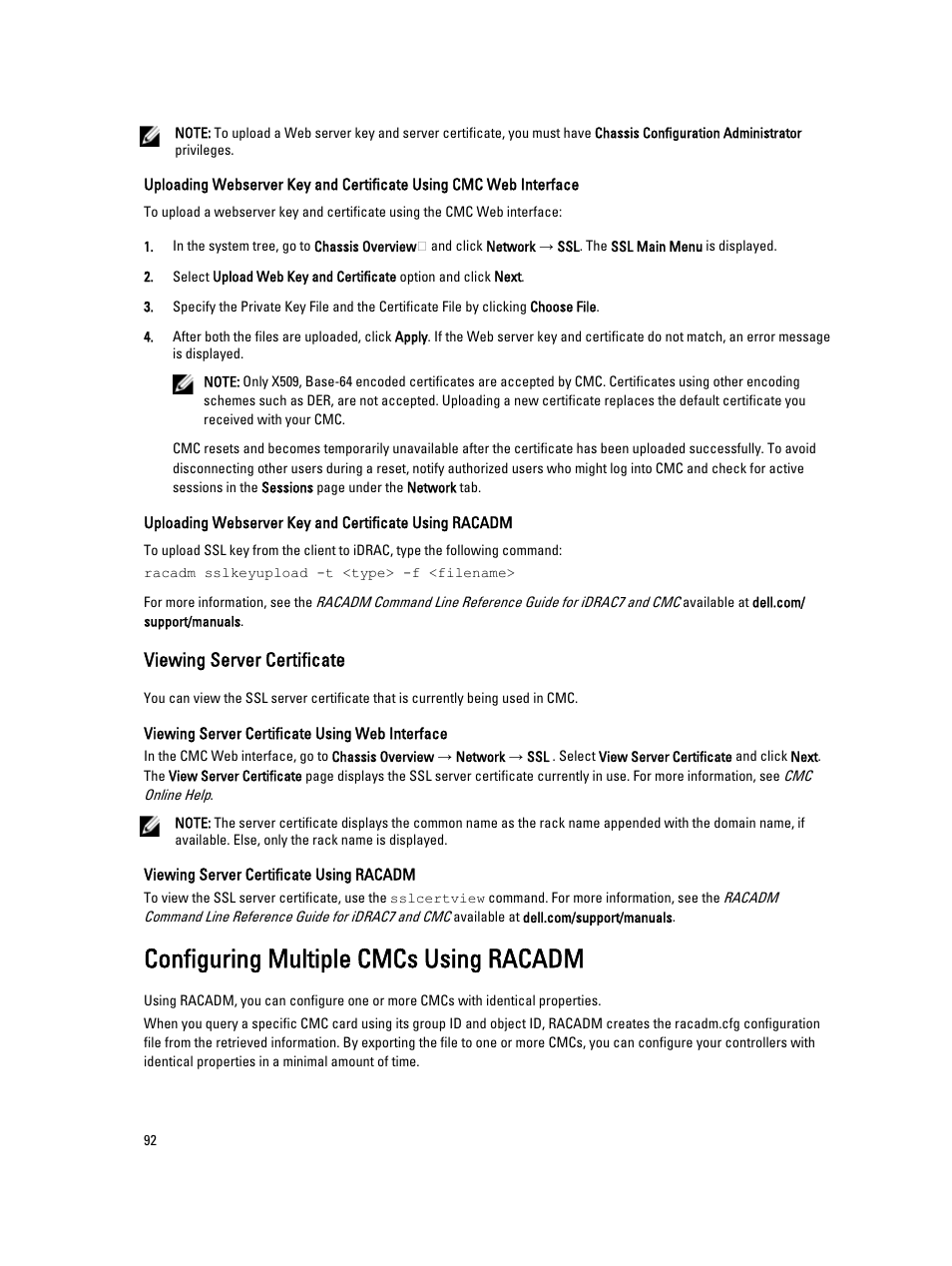 Viewing server certificate, Configuring multiple cmcs using racadm | Dell POWEREDGE M1000E User Manual | Page 92 / 260