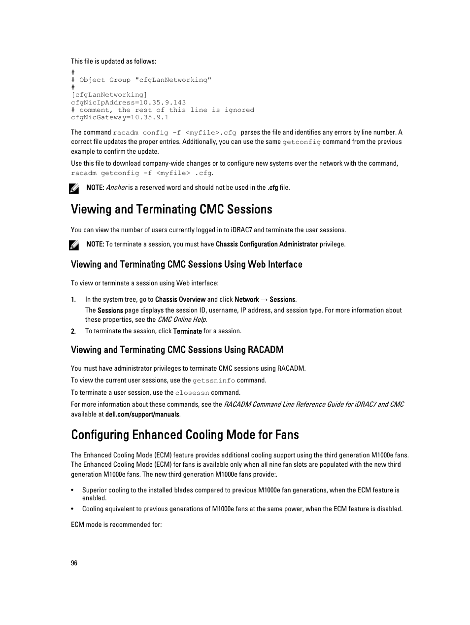 Viewing and terminating cmc sessions, Viewing and terminating cmc sessions using racadm, Configuring enhanced cooling mode for fans | Dell POWEREDGE M1000E User Manual | Page 96 / 260