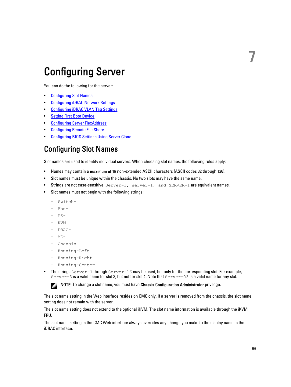 Configuring server, Configuring slot names, 7 configuring server | Dell POWEREDGE M1000E User Manual | Page 99 / 260
