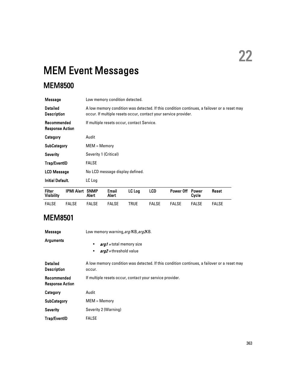 Mem event messages, Mem8500, Mem8501 | 22 mem event messages | Dell PowerEdge VRTX User Manual | Page 363 / 931