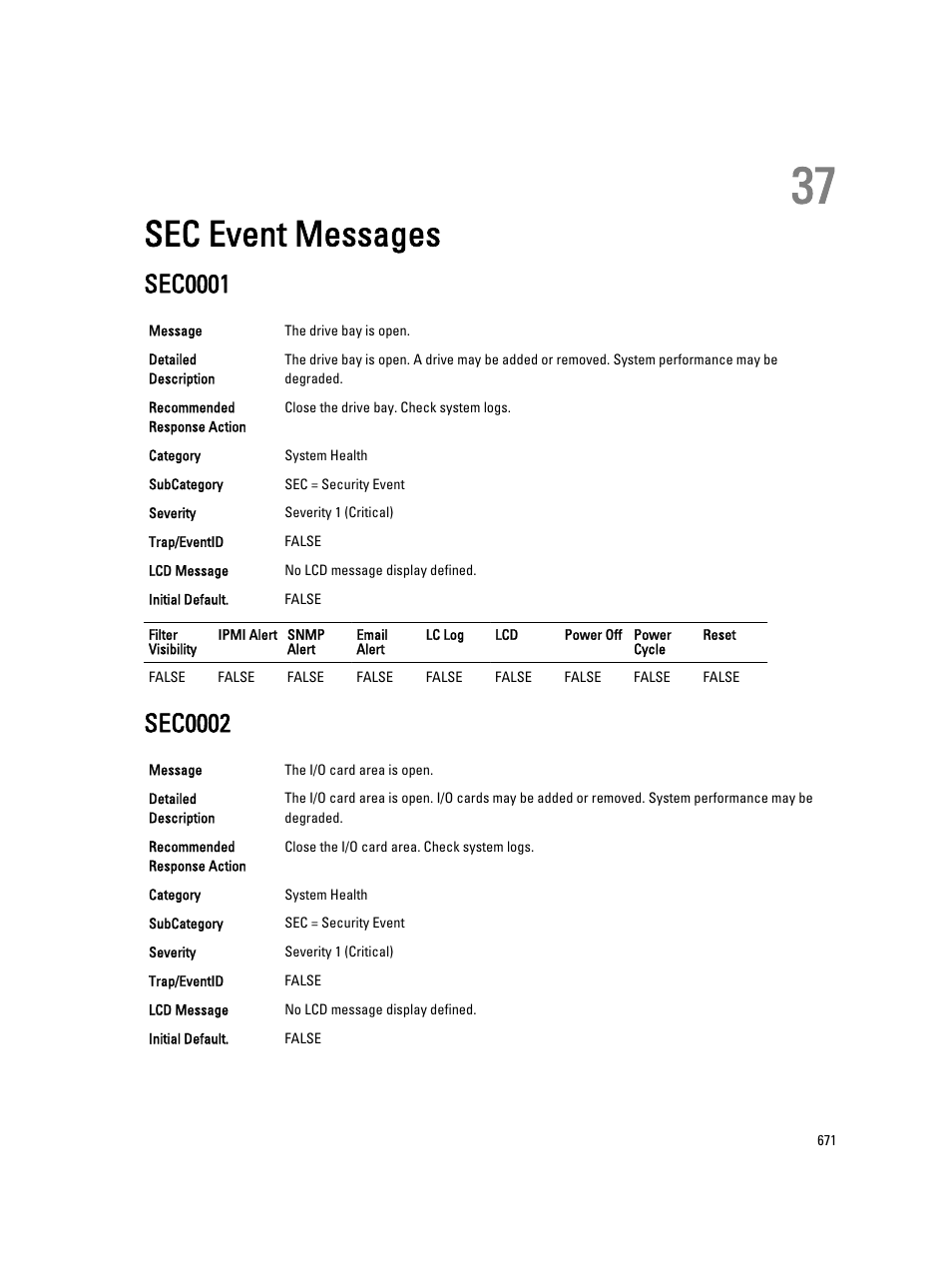 Sec event messages, Sec0001, Sec0002 | 37 sec event messages | Dell PowerEdge VRTX User Manual | Page 671 / 931