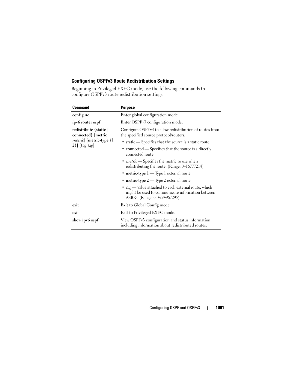 Configuring ospfv3 route redistribution settings, Configuring ospfv3 route redistribution, Settings | Dell POWEREDGE M1000E User Manual | Page 1001 / 1246