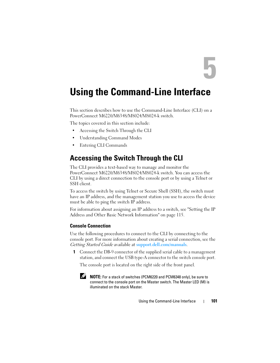 Using the command-line interface, Accessing the switch through the cli, Console connection | Dell POWEREDGE M1000E User Manual | Page 101 / 1246