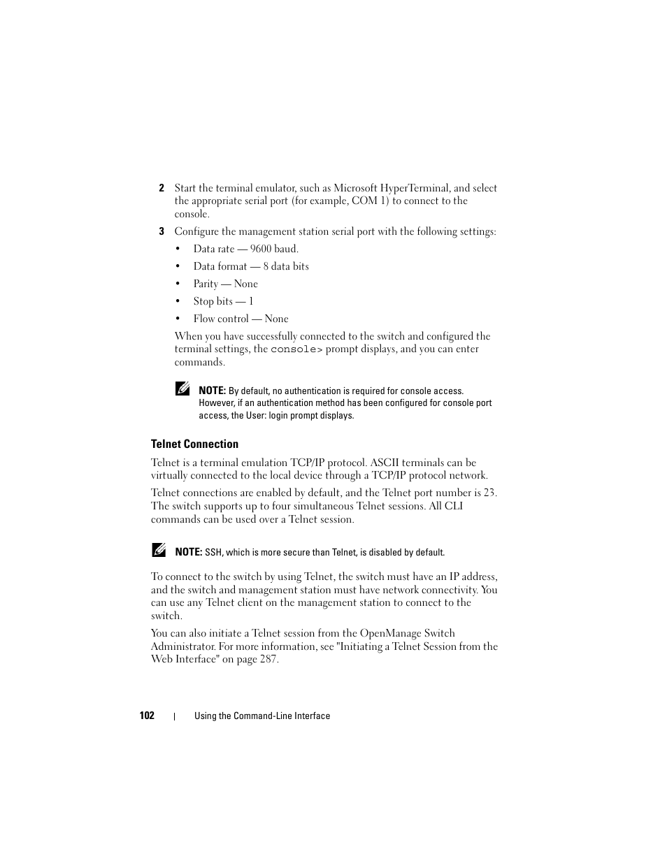 Telnet connection | Dell POWEREDGE M1000E User Manual | Page 102 / 1246