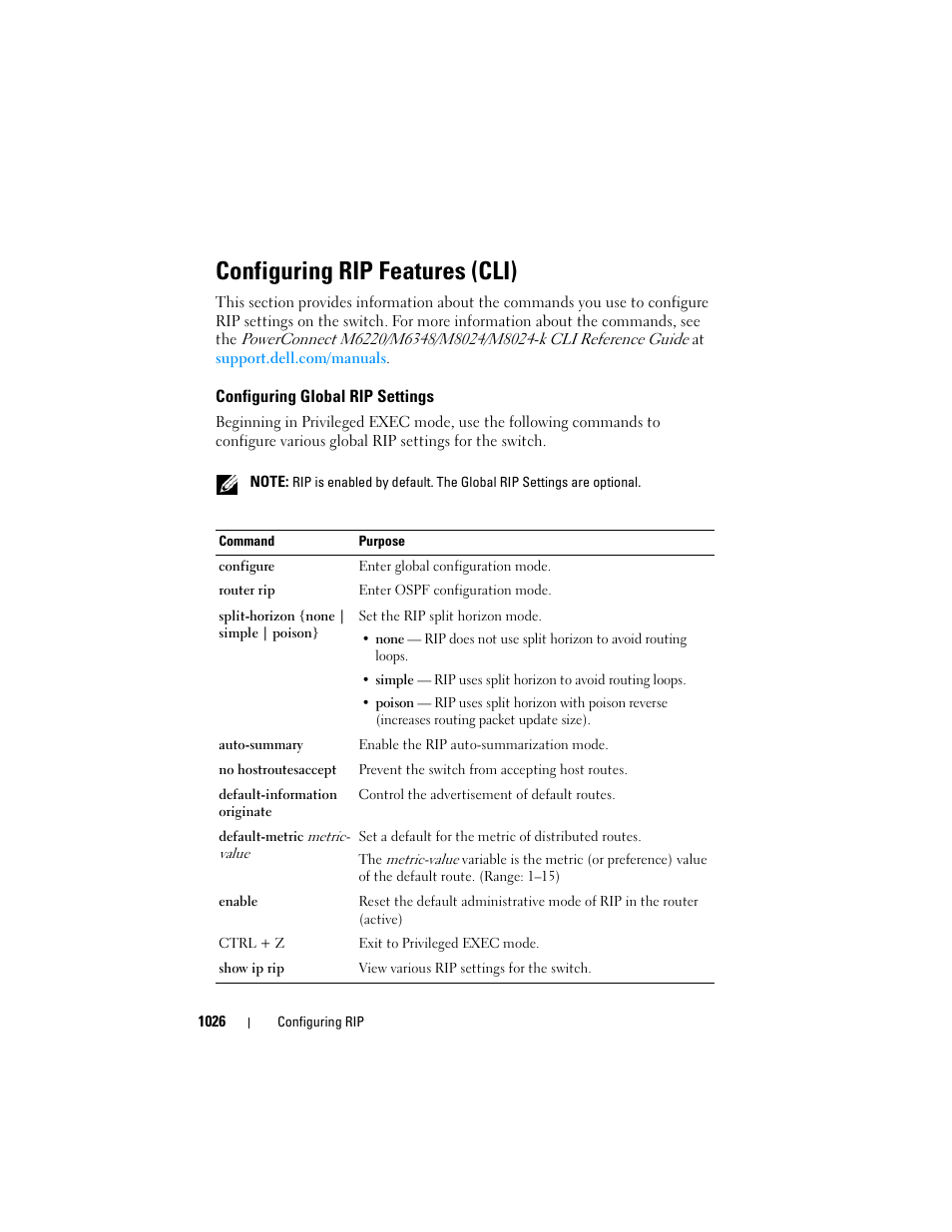 Configuring rip features (cli), Configuring global rip settings | Dell POWEREDGE M1000E User Manual | Page 1026 / 1246