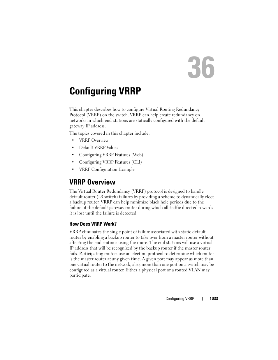 Configuring vrrp, Vrrp overview, How does vrrp work | Dell POWEREDGE M1000E User Manual | Page 1033 / 1246