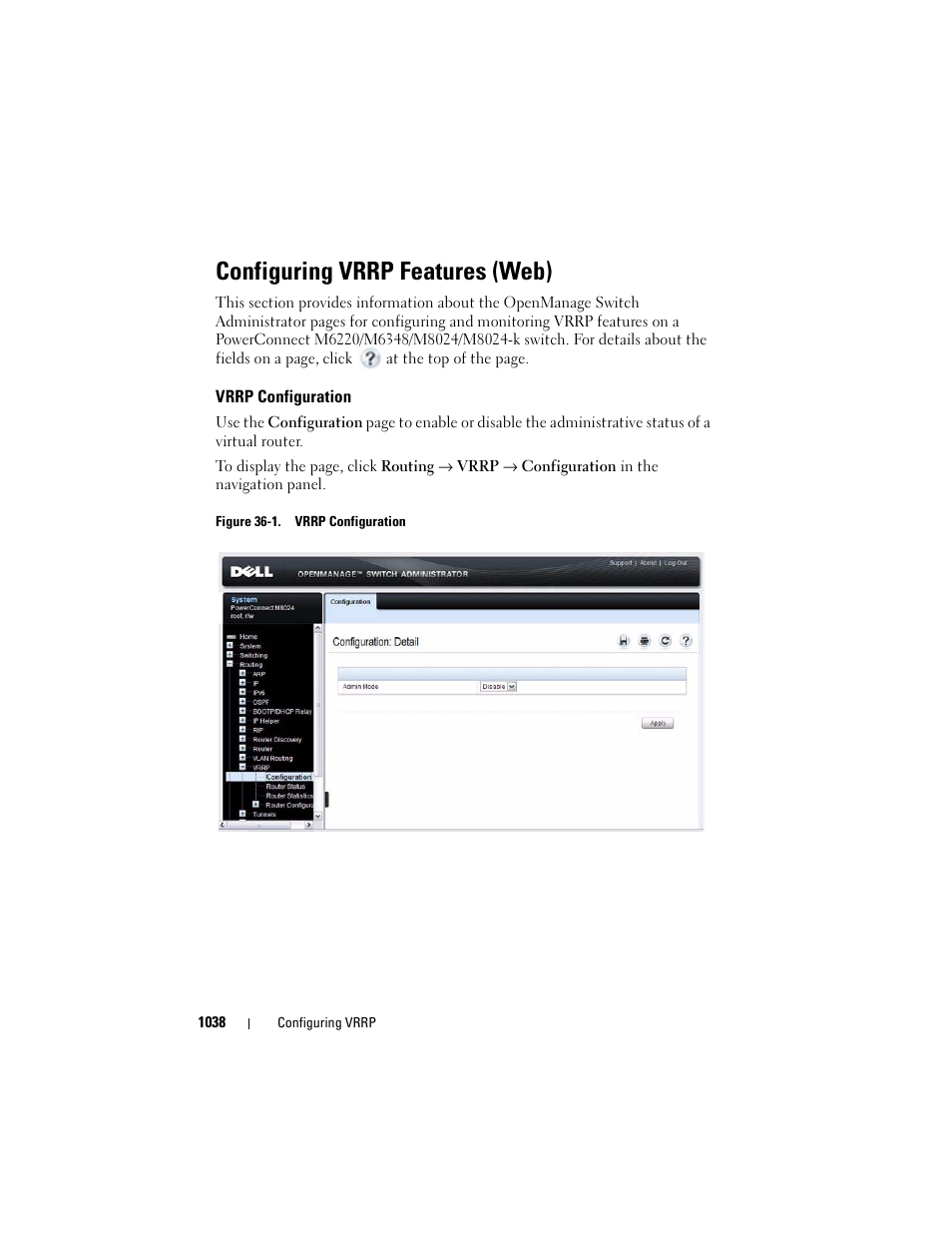 Configuring vrrp features (web), Vrrp configuration | Dell POWEREDGE M1000E User Manual | Page 1038 / 1246