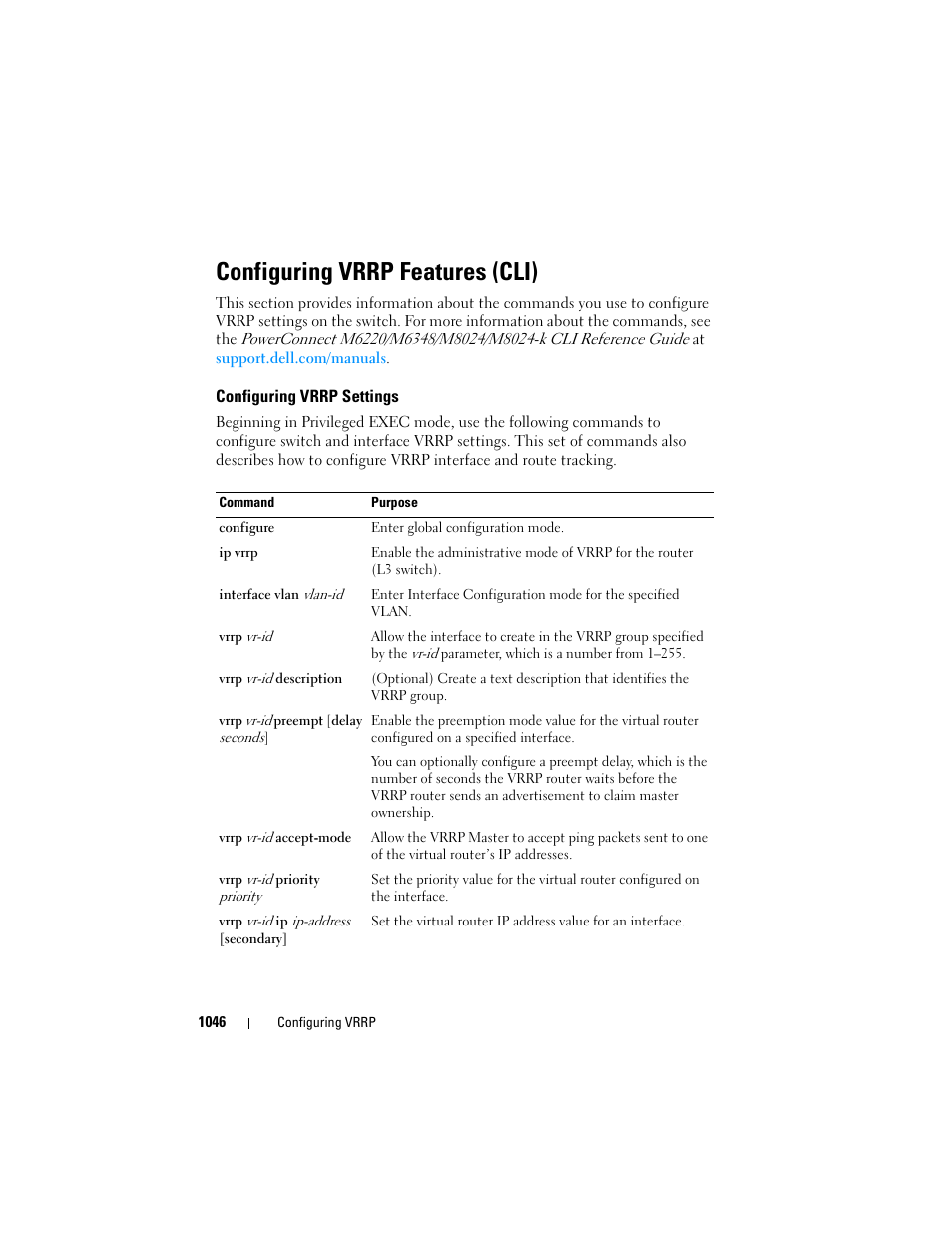 Configuring vrrp features (cli), Configuring vrrp settings | Dell POWEREDGE M1000E User Manual | Page 1046 / 1246