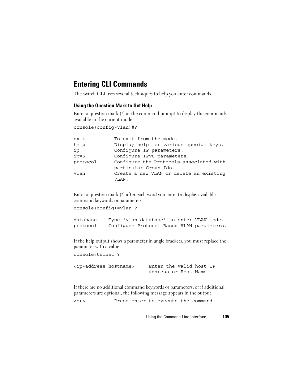 Entering cli commands, Using the question mark to get help | Dell POWEREDGE M1000E User Manual | Page 105 / 1246