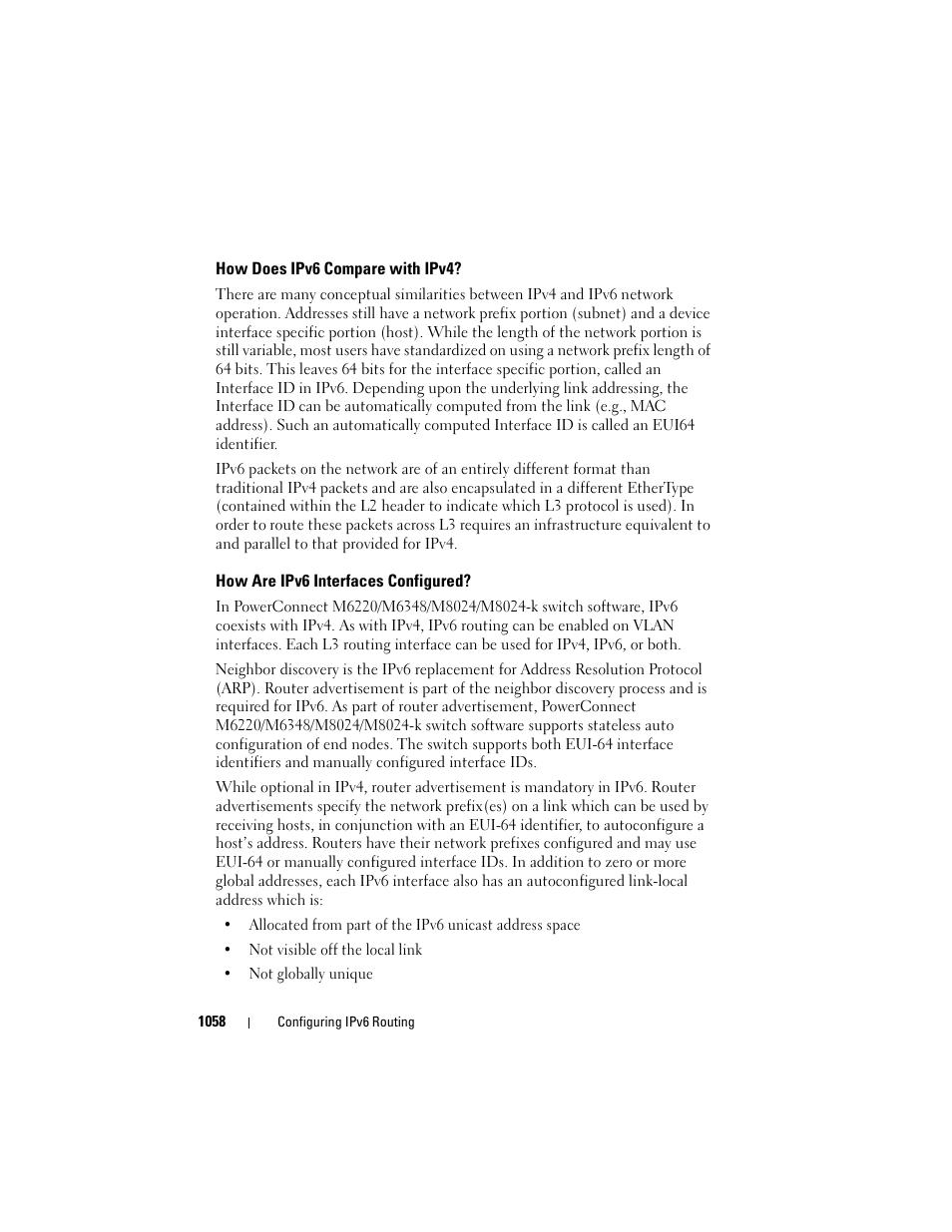 How does ipv6 compare with ipv4, How are ipv6 interfaces configured | Dell POWEREDGE M1000E User Manual | Page 1058 / 1246