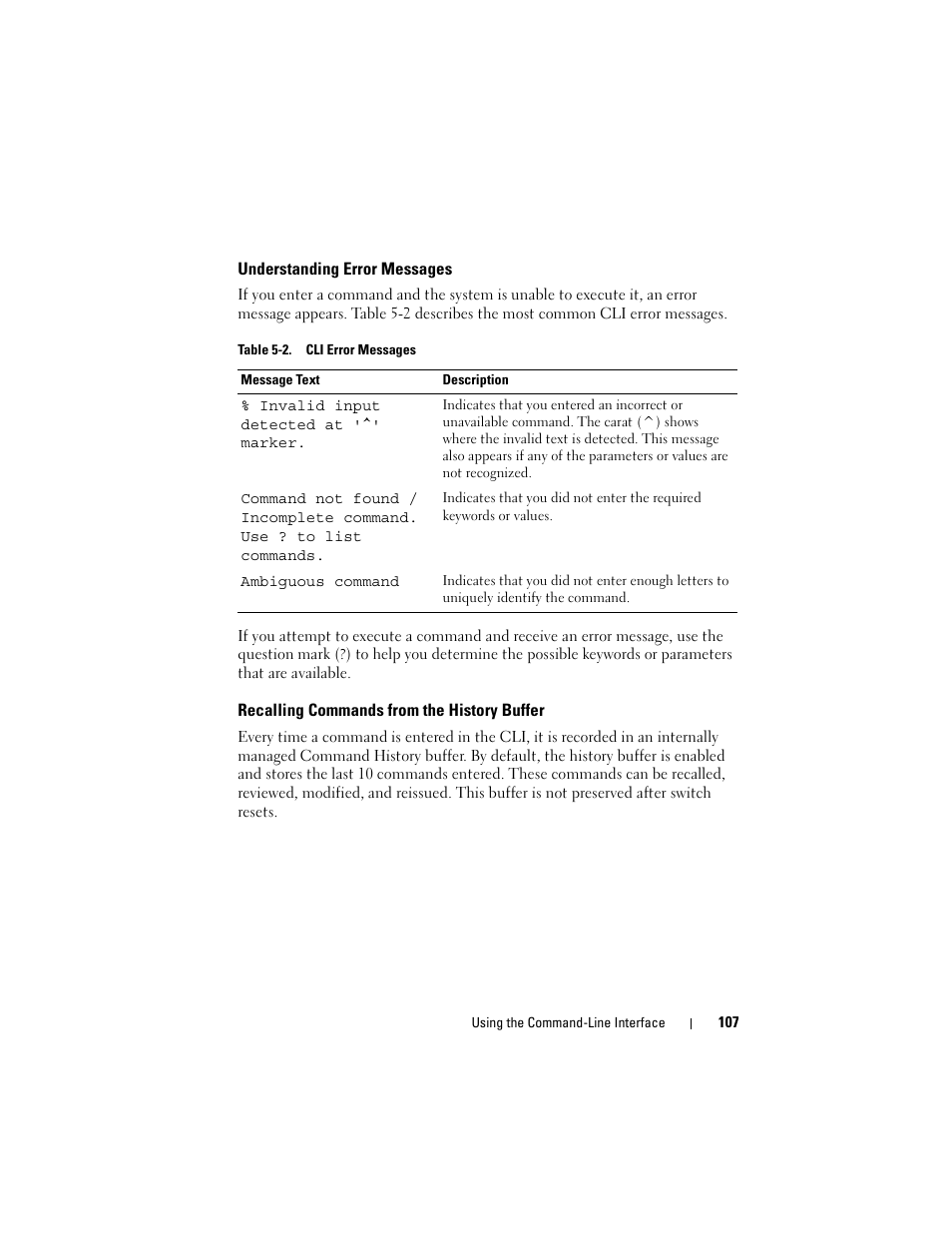 Understanding error messages, Recalling commands from the history buffer | Dell POWEREDGE M1000E User Manual | Page 107 / 1246