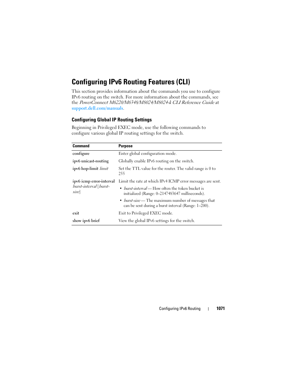 Configuring ipv6 routing features (cli), Configuring global ip routing settings | Dell POWEREDGE M1000E User Manual | Page 1071 / 1246