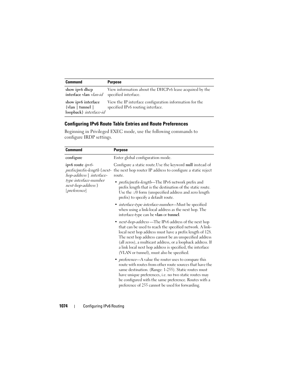 Configuring ipv6 route table entries and, Route preferences | Dell POWEREDGE M1000E User Manual | Page 1074 / 1246