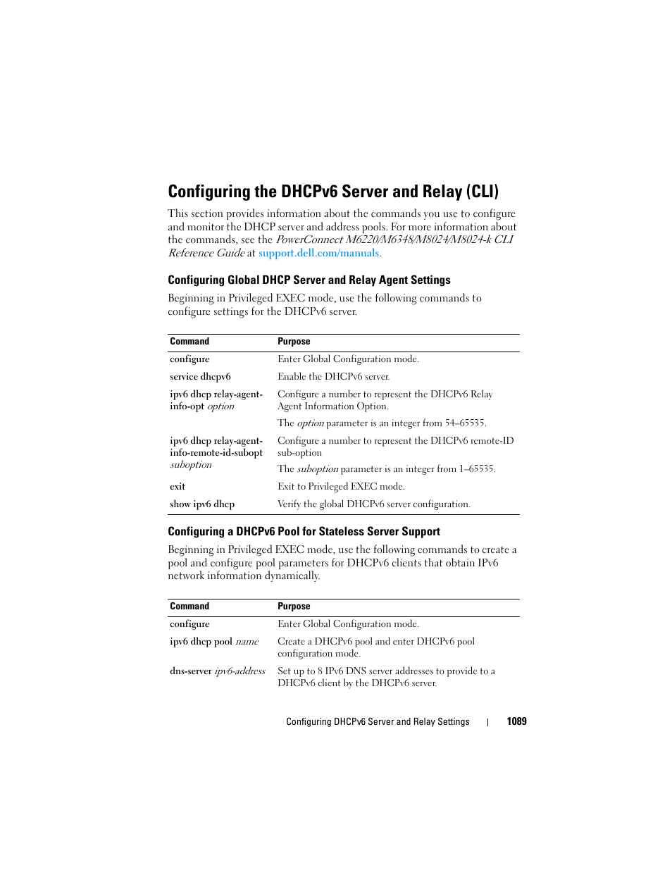 Configuring the dhcpv6 server and relay (cli), Configuring global dhcp server and relay, Agent settings | Configuring a dhcpv6 pool for stateless, Server support | Dell POWEREDGE M1000E User Manual | Page 1089 / 1246