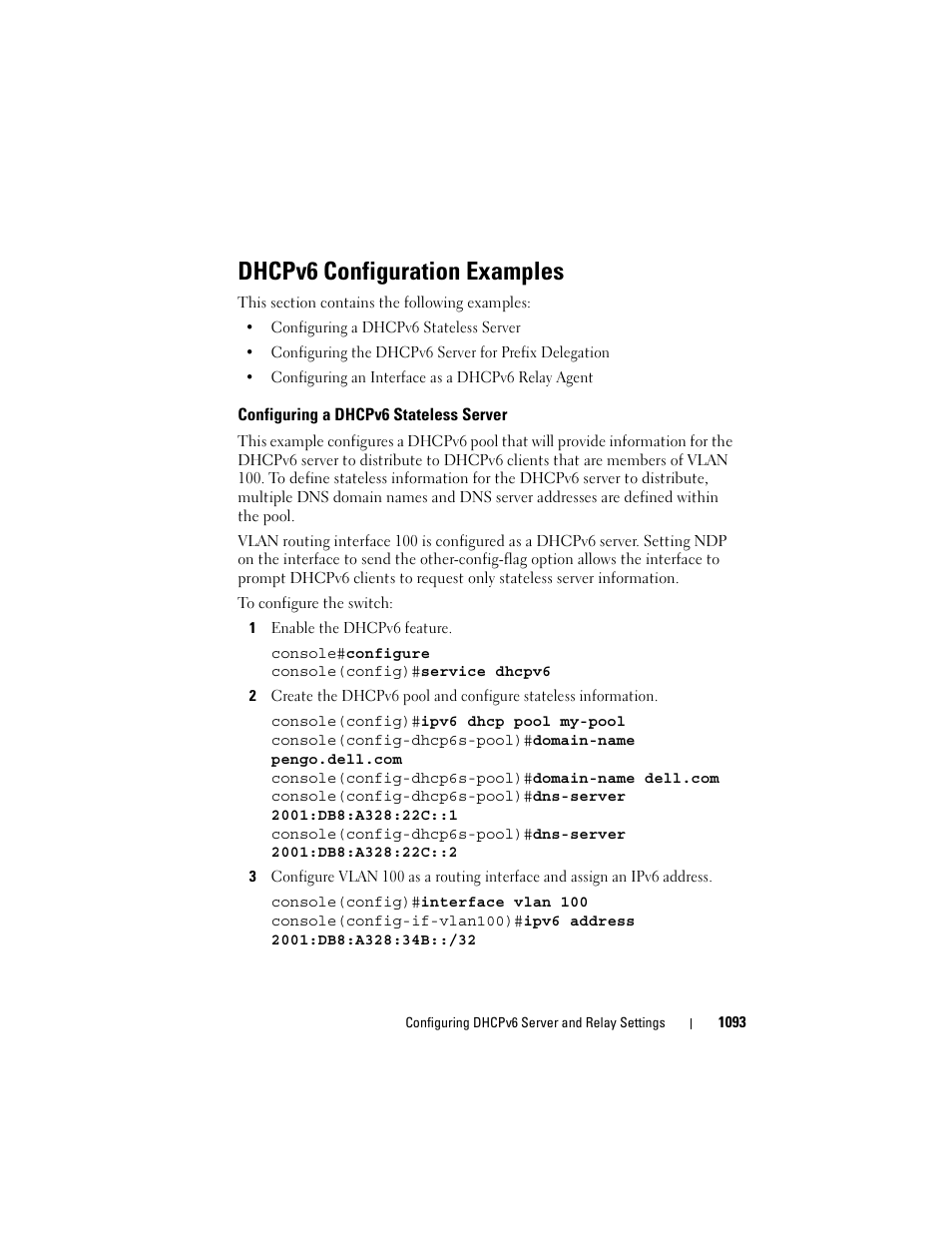 Dhcpv6 configuration examples, Configuring a dhcpv6 stateless server | Dell POWEREDGE M1000E User Manual | Page 1093 / 1246