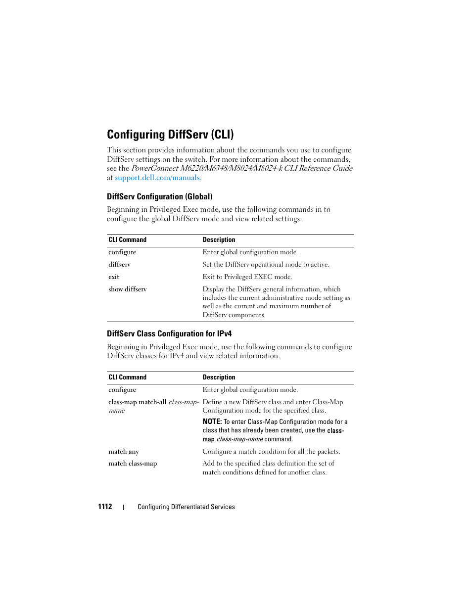 Configuring diffserv (cli), Diffserv configuration (global), Diffserv class configuration for ipv4 | Dell POWEREDGE M1000E User Manual | Page 1112 / 1246