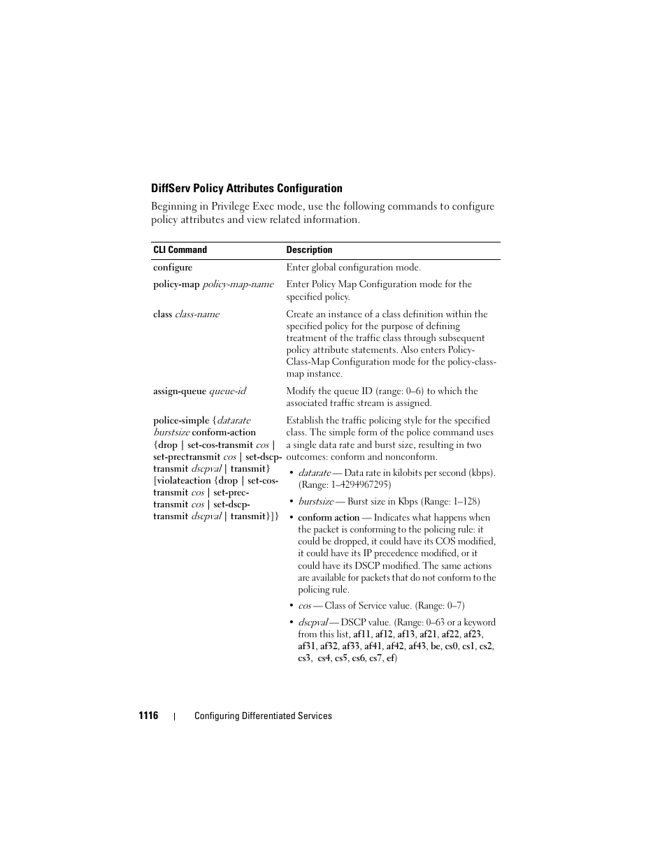 Diffserv policy attributes configuration | Dell POWEREDGE M1000E User Manual | Page 1116 / 1246