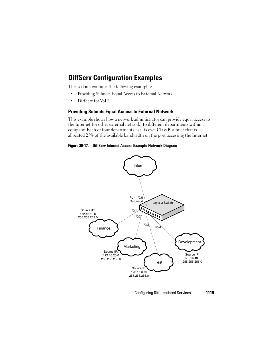 Diffserv configuration examples, Providing subnets equal access to external network, Providing subnets equal access to | External network, Diffserv, Providing subnets | Dell POWEREDGE M1000E User Manual | Page 1119 / 1246