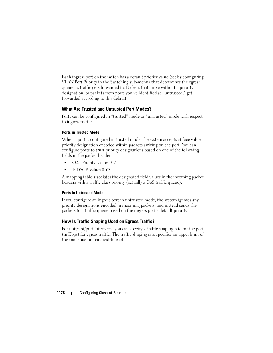 What are trusted and untrusted port modes, How is traffic shaping used on egress traffic, What are trusted and untrusted port | Modes, How is traffic shaping used on egress, Traffic | Dell POWEREDGE M1000E User Manual | Page 1128 / 1246