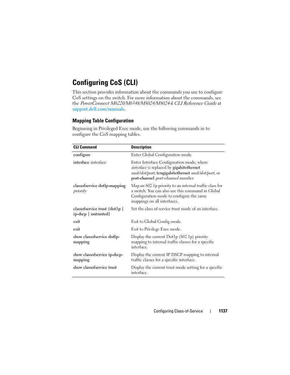 Configuring cos (cli), Mapping table configuration | Dell POWEREDGE M1000E User Manual | Page 1137 / 1246