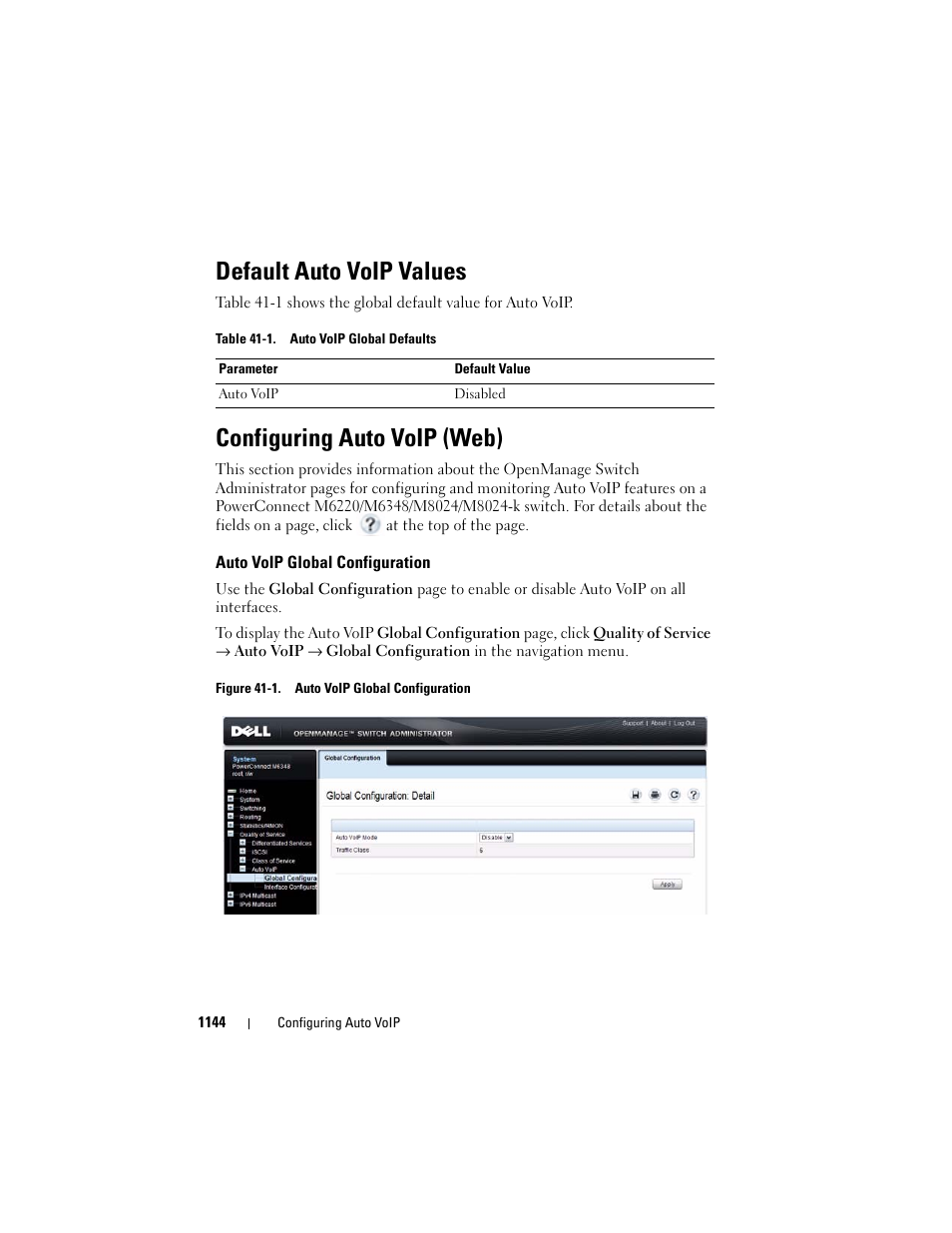 Default auto voip values, Configuring auto voip (web), Auto voip global configuration | Dell POWEREDGE M1000E User Manual | Page 1144 / 1246