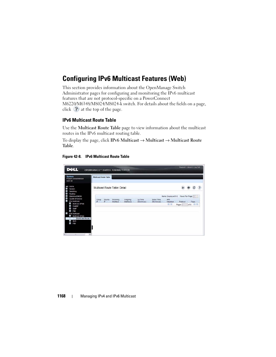 Configuring ipv6 multicast features (web), Ipv6 multicast route table, Configuring ipv6 multicast | Features (web) | Dell POWEREDGE M1000E User Manual | Page 1168 / 1246