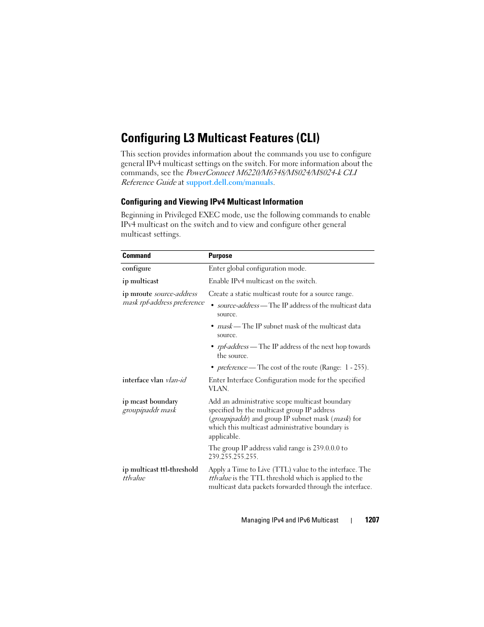 Configuring l3 multicast features (cli), Configuring and viewing ipv4 multicast information, Configuring and viewing ipv4 multicast | Information, Configuring l3 multicast, Features (cli) | Dell POWEREDGE M1000E User Manual | Page 1207 / 1246