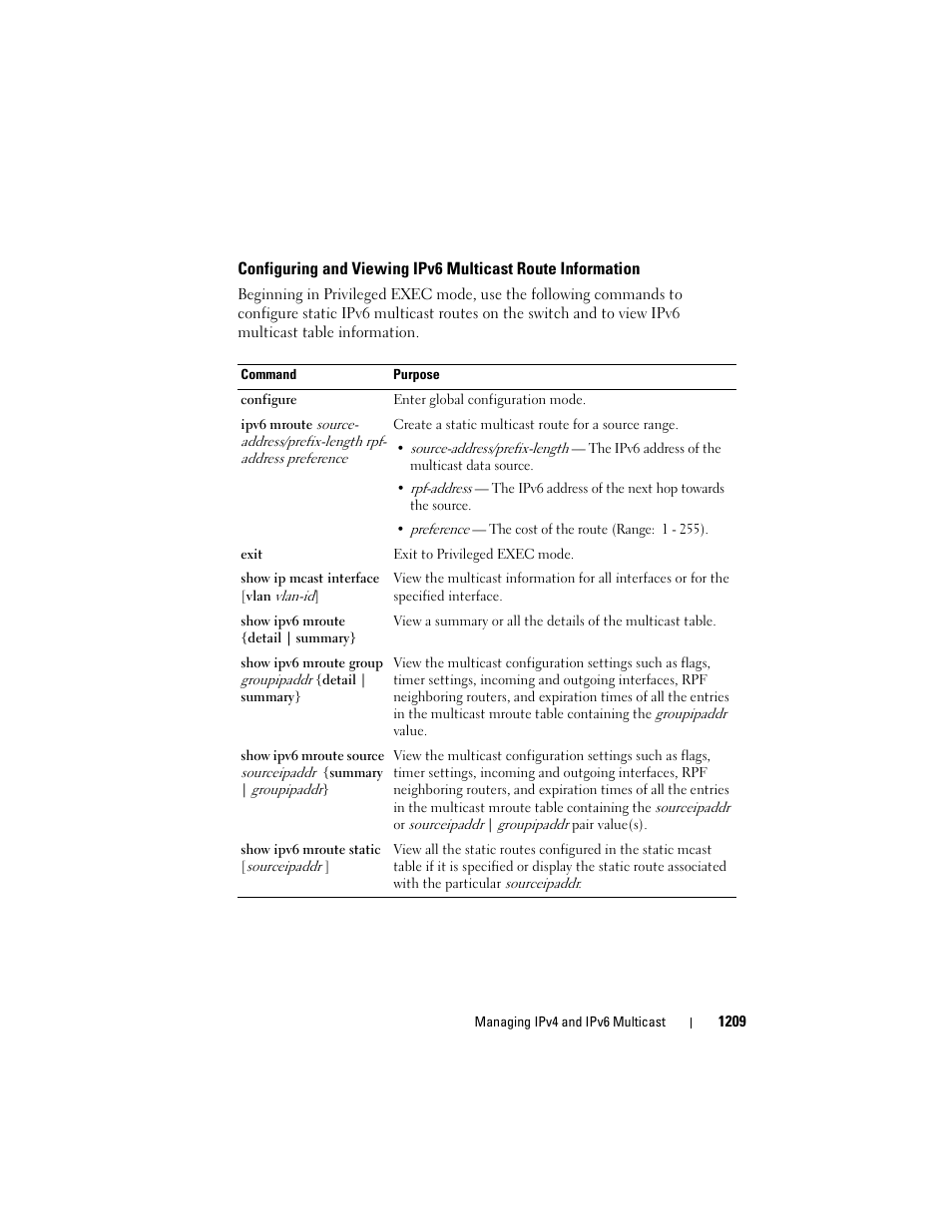 Configuring and viewing ipv6 multicast, Route information | Dell POWEREDGE M1000E User Manual | Page 1209 / 1246