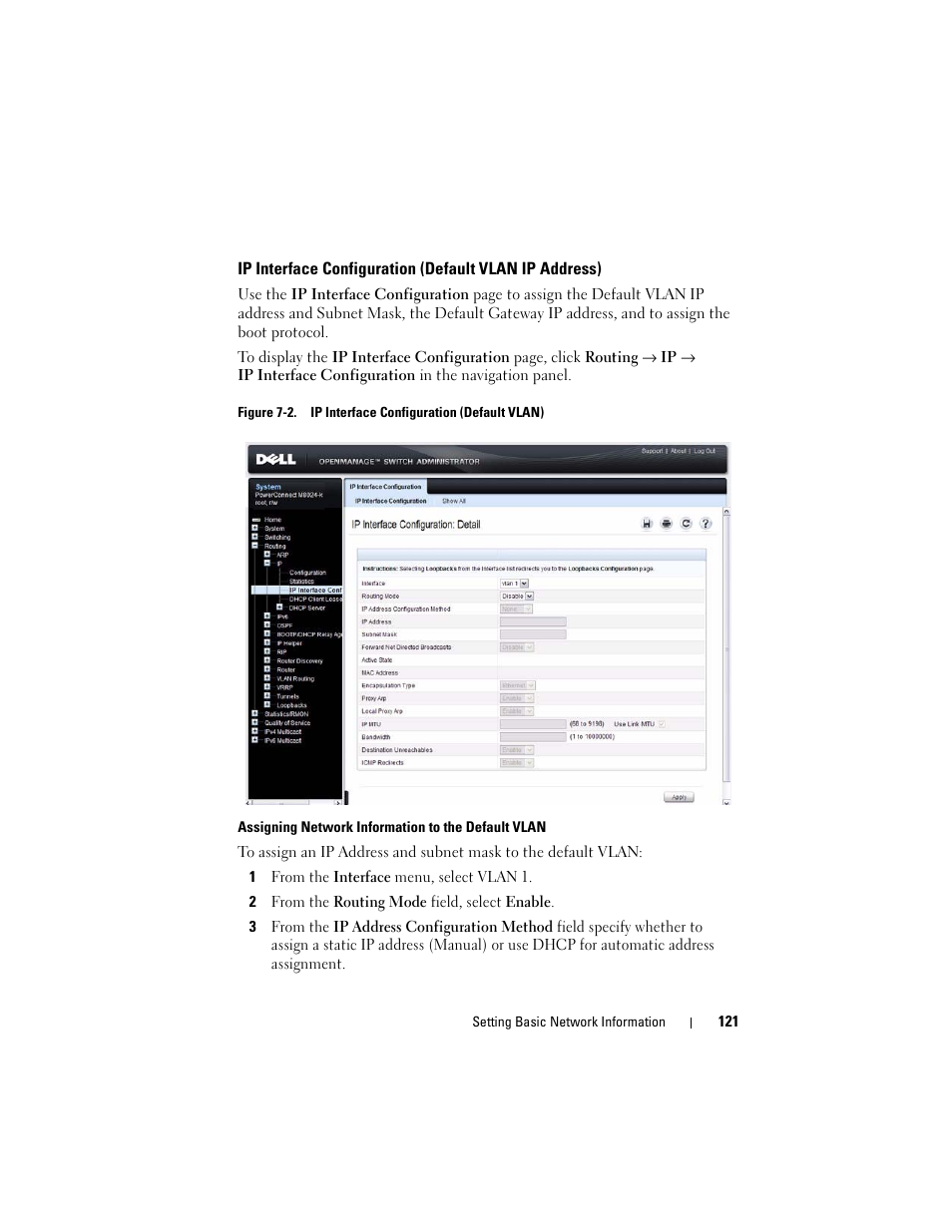 Ip interface configuration (default vlan, Ip address) | Dell POWEREDGE M1000E User Manual | Page 121 / 1246