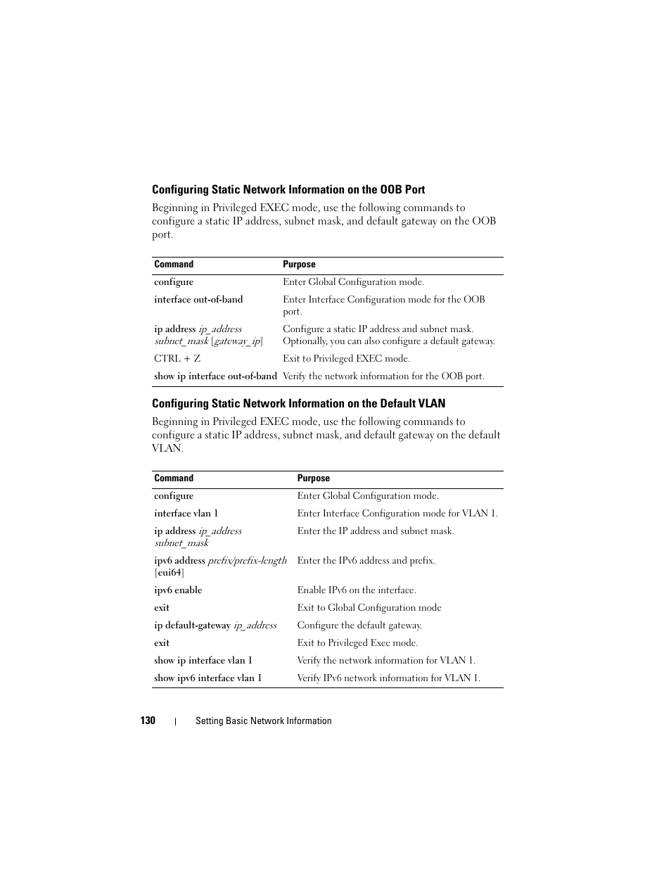 Configuring static network information on, The oob port, The default vlan | Dell POWEREDGE M1000E User Manual | Page 130 / 1246