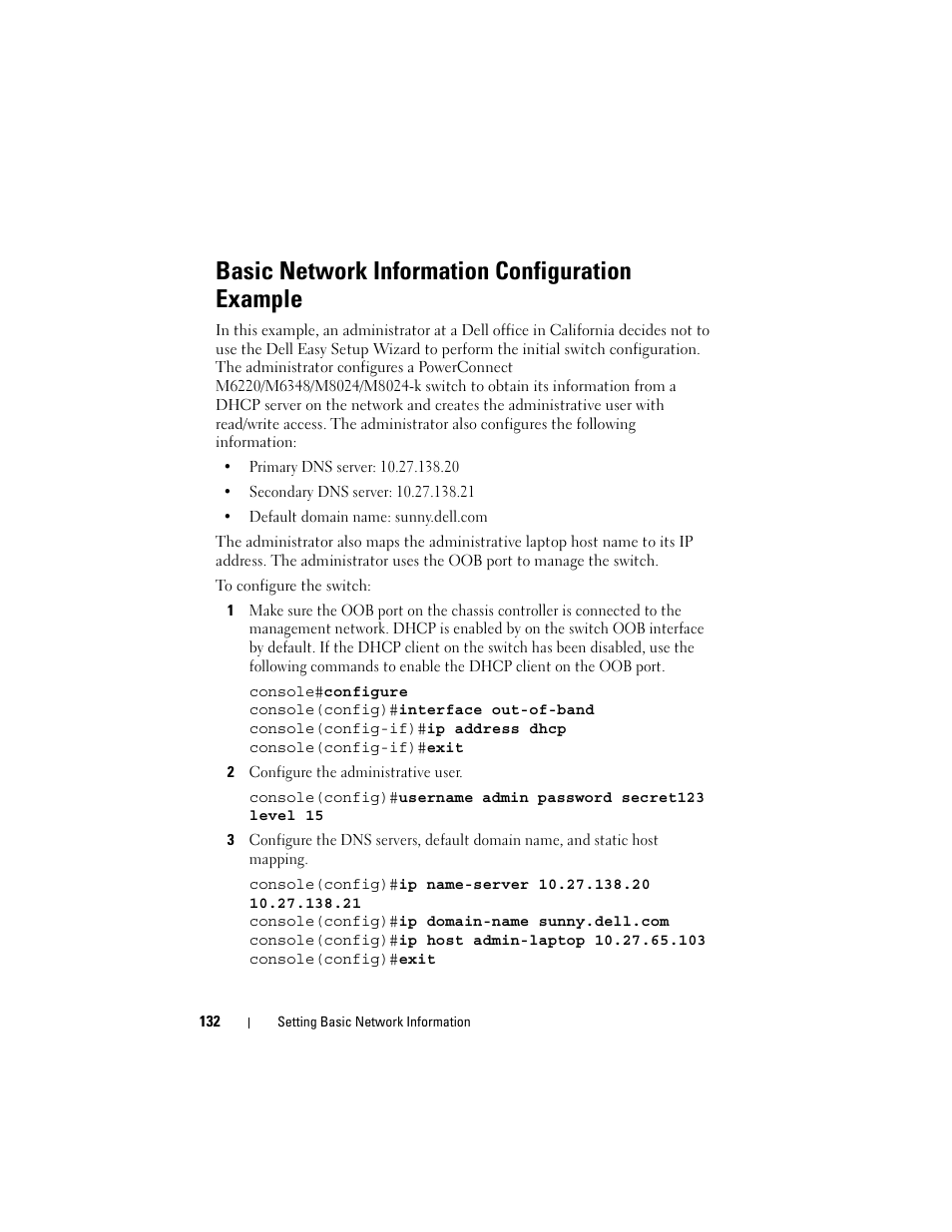 Basic network information configuration example, Basic network information configuration, Example | Dell POWEREDGE M1000E User Manual | Page 132 / 1246