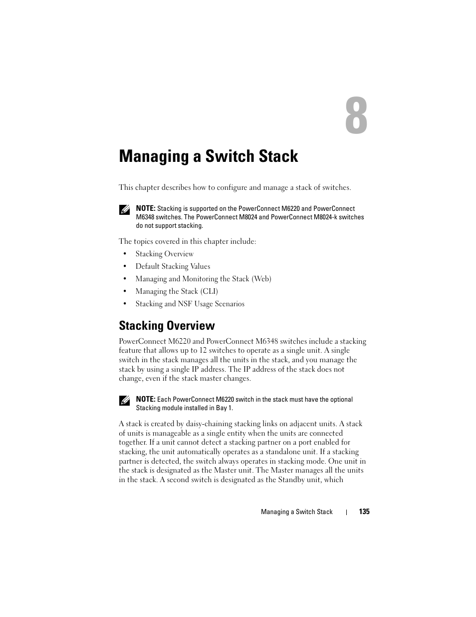 Managing a switch stack, Stacking overview | Dell POWEREDGE M1000E User Manual | Page 135 / 1246