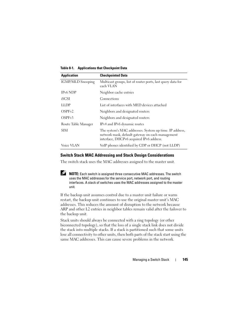 Switch stack mac addressing and stack, Design considerations | Dell POWEREDGE M1000E User Manual | Page 145 / 1246