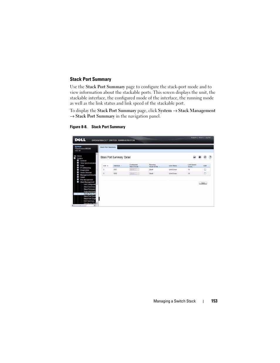 Stack port summary | Dell POWEREDGE M1000E User Manual | Page 153 / 1246