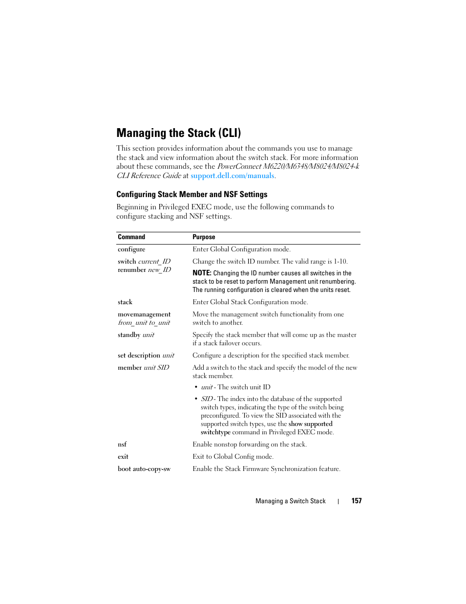 Managing the stack (cli), Configuring stack member and nsf settings | Dell POWEREDGE M1000E User Manual | Page 157 / 1246