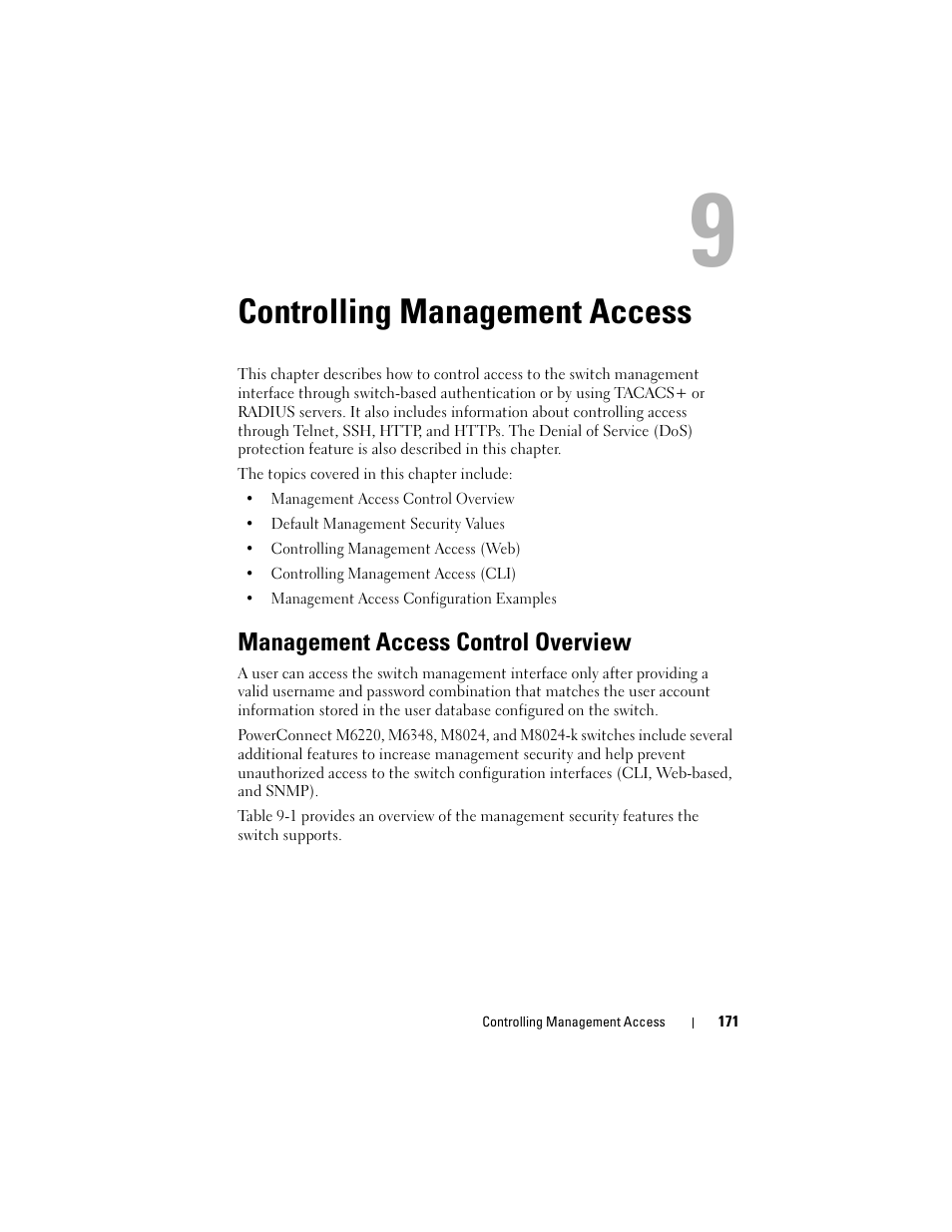 Controlling management access, Management access control overview, Controlling | Ee "controlling, See "controlling | Dell POWEREDGE M1000E User Manual | Page 171 / 1246