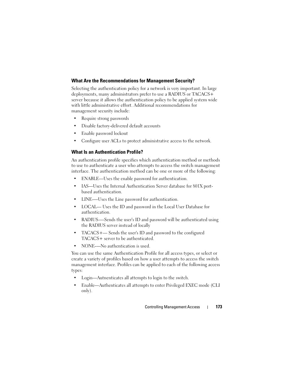 What is an authentication profile, What are the recommendations for, Management security | Dell POWEREDGE M1000E User Manual | Page 173 / 1246