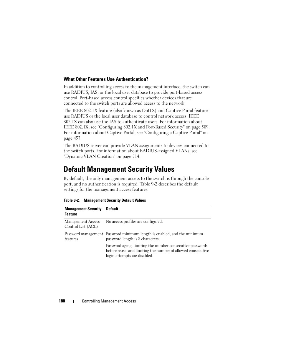 What other features use authentication, Default management security values | Dell POWEREDGE M1000E User Manual | Page 180 / 1246