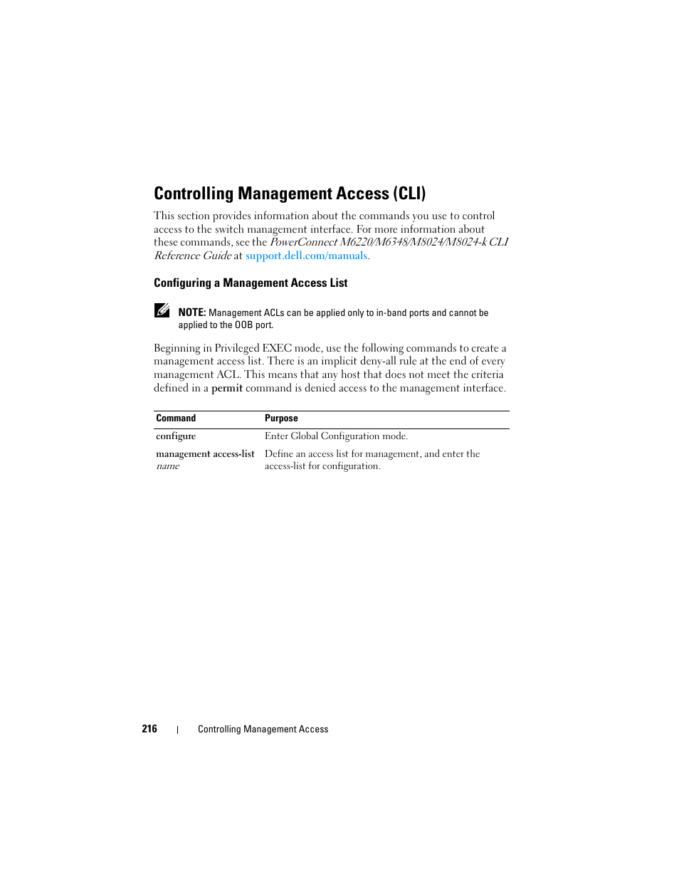 Controlling management access (cli), Configuring a management access list | Dell POWEREDGE M1000E User Manual | Page 216 / 1246