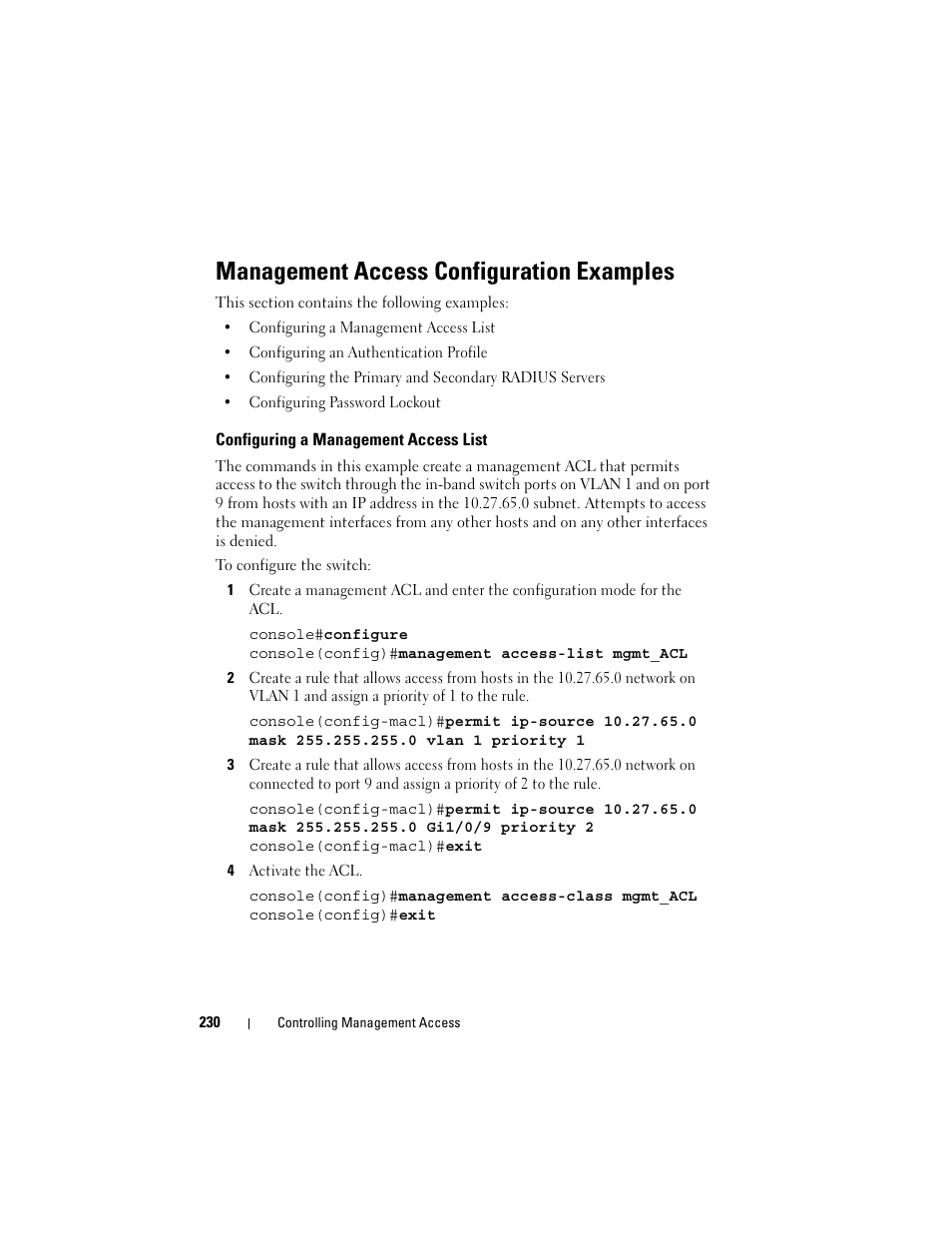 Management access configuration examples, Configuring a management access list | Dell POWEREDGE M1000E User Manual | Page 230 / 1246