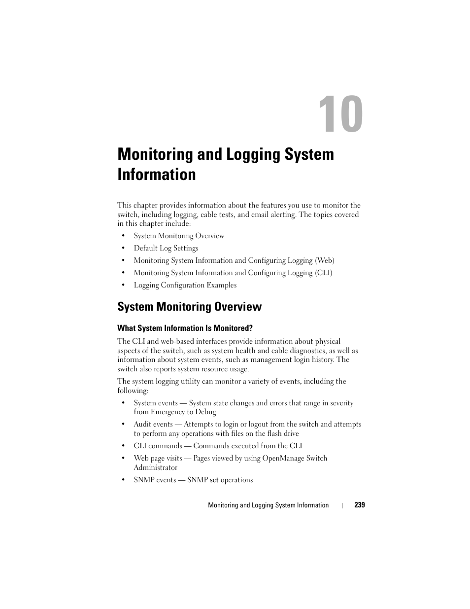 Monitoring and logging system information, System monitoring overview, What system information is monitored | Monitoring and logging system, Information, Ee "monitoring and | Dell POWEREDGE M1000E User Manual | Page 239 / 1246