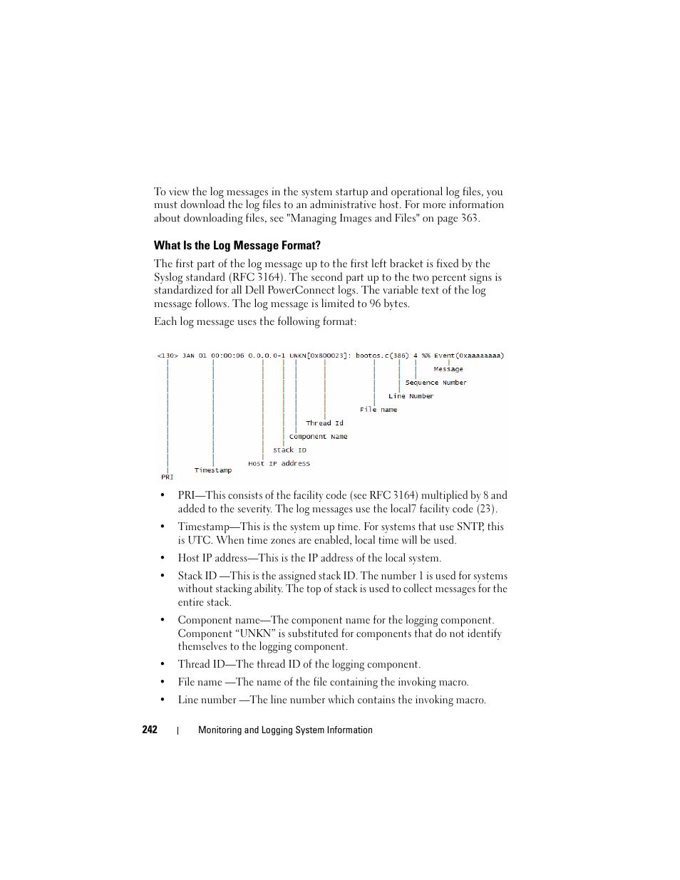 What is the log message format | Dell POWEREDGE M1000E User Manual | Page 242 / 1246