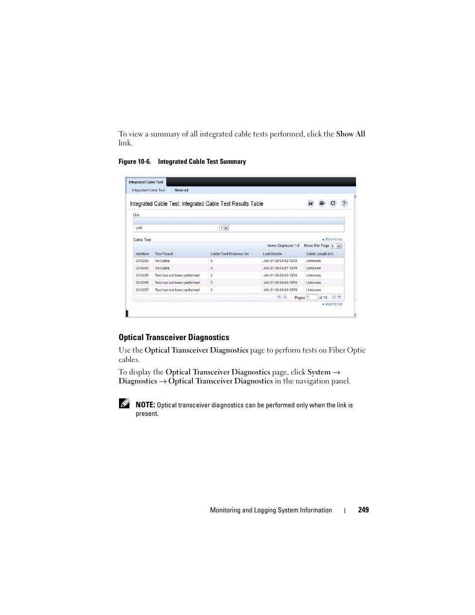 Optical transceiver diagnostics | Dell POWEREDGE M1000E User Manual | Page 249 / 1246