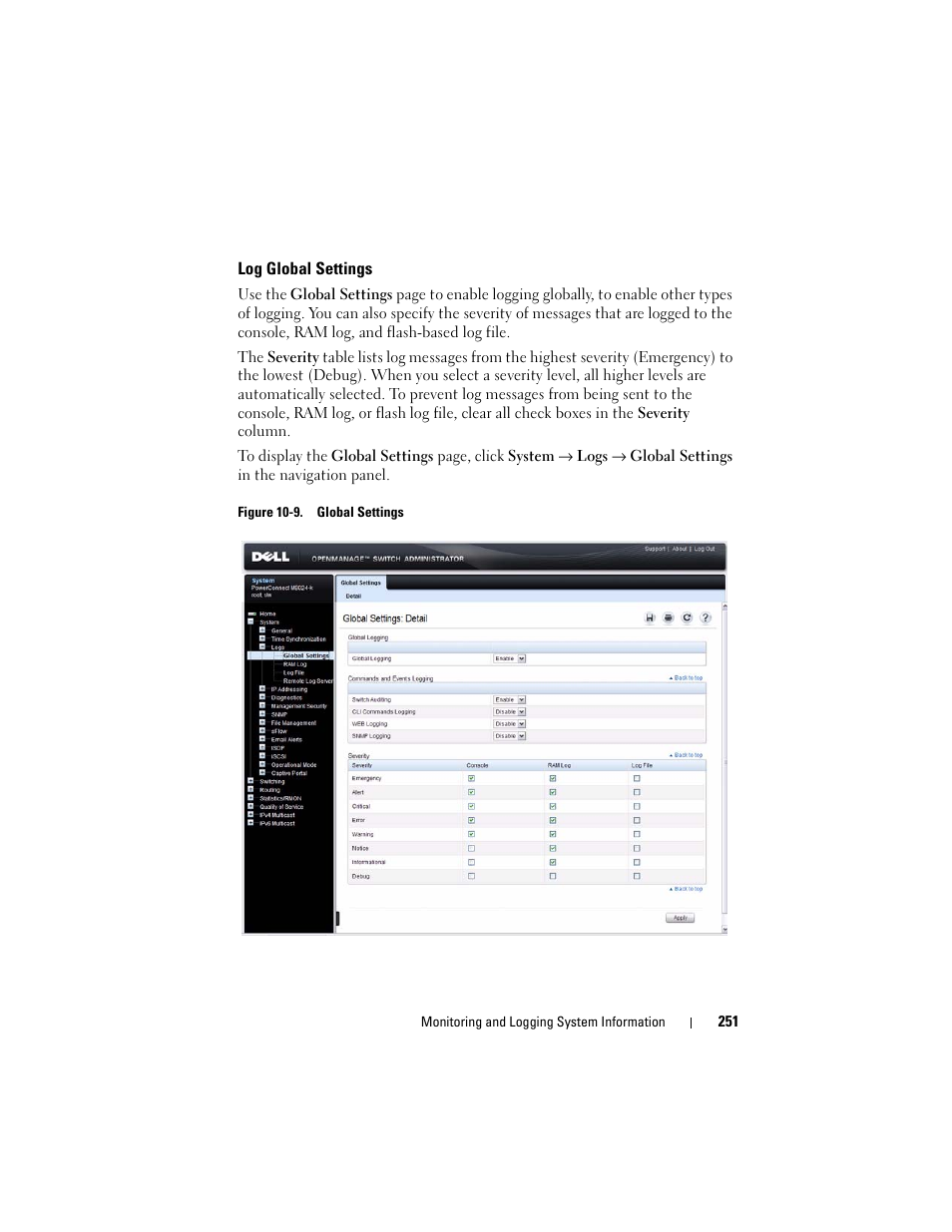 Log global settings | Dell POWEREDGE M1000E User Manual | Page 251 / 1246
