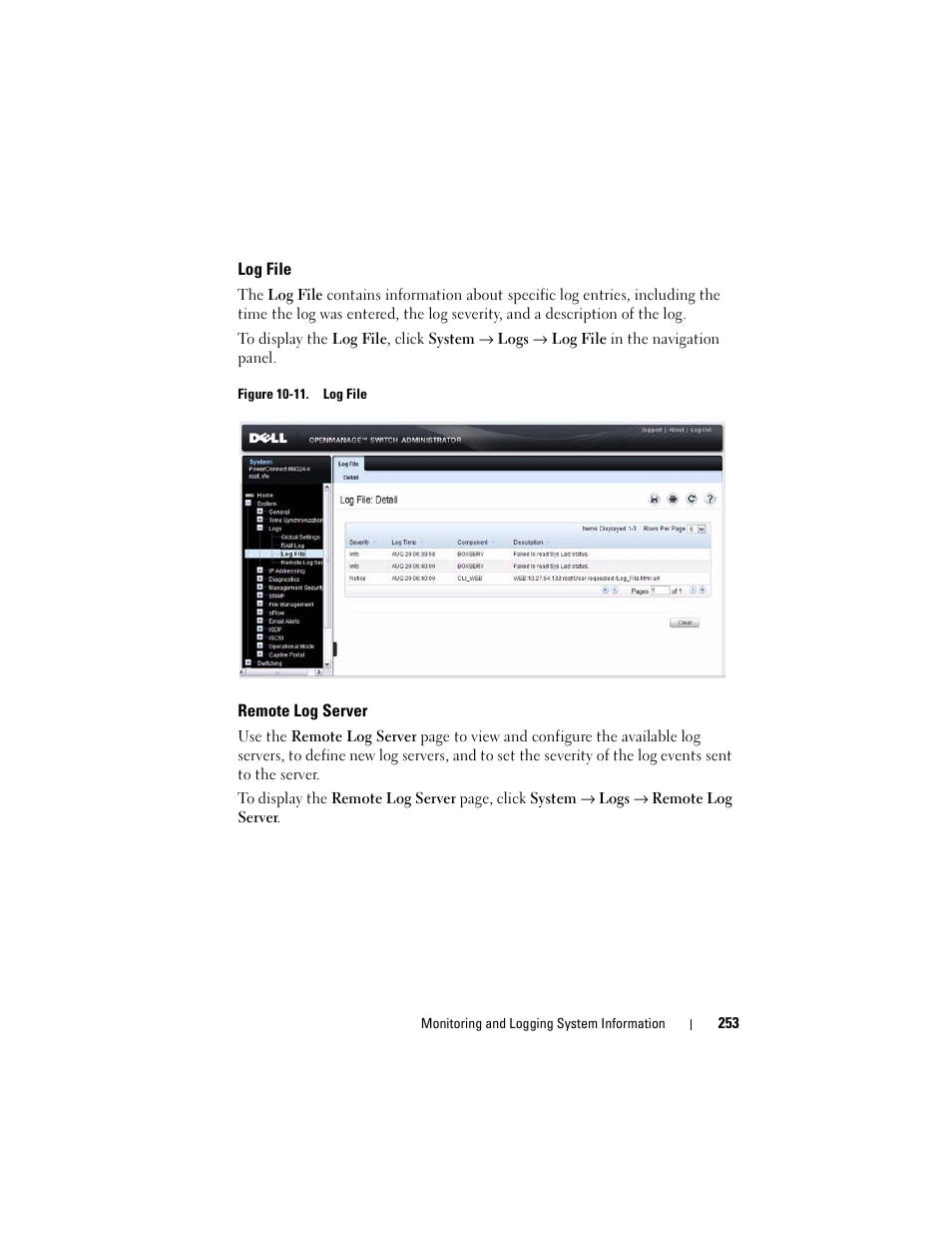 Log file, Remote log server | Dell POWEREDGE M1000E User Manual | Page 253 / 1246