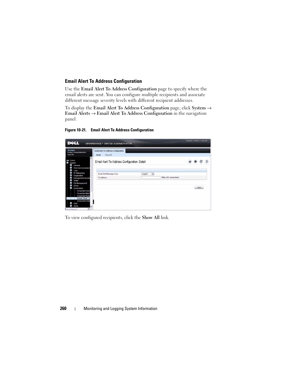 Email alert to address configuration | Dell POWEREDGE M1000E User Manual | Page 260 / 1246